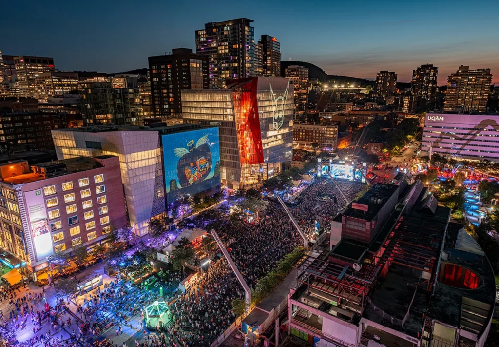 Aerial night view of crowds at the outdoor Montreal Jazz Festival