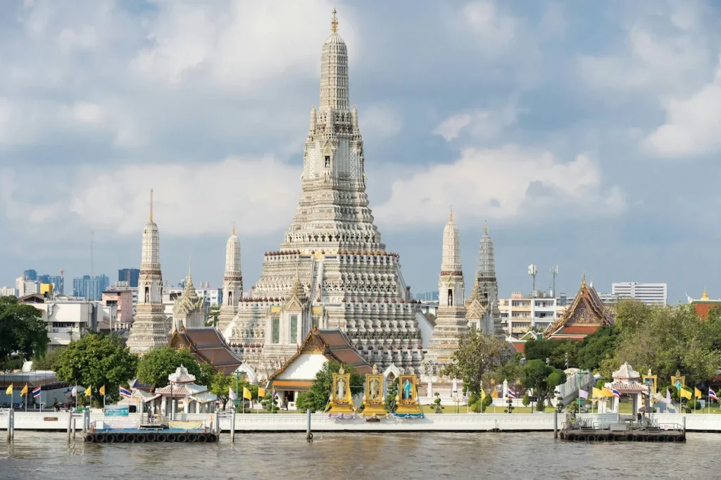 The central prang of Wat Arun temple on the Chao Phraya riverfront in Bangkok