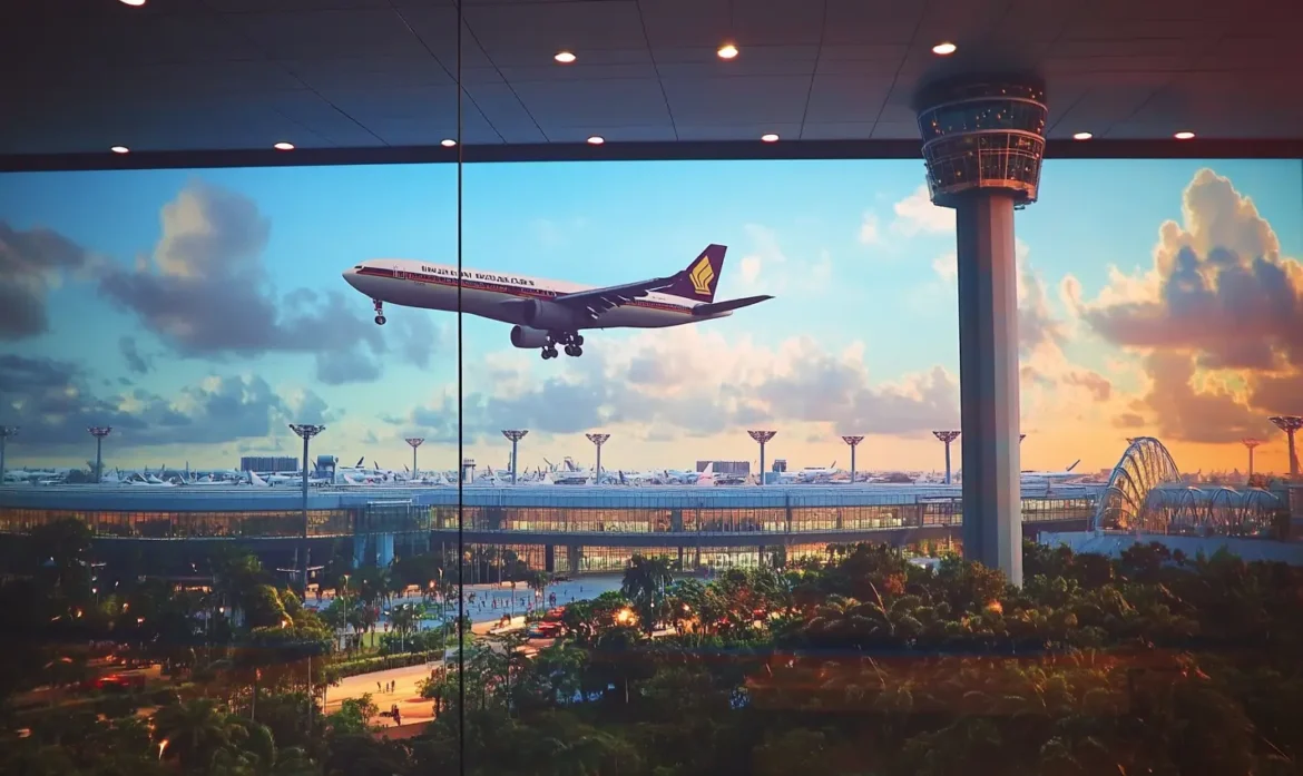 A plane leaving Singapore Airport at dusk.