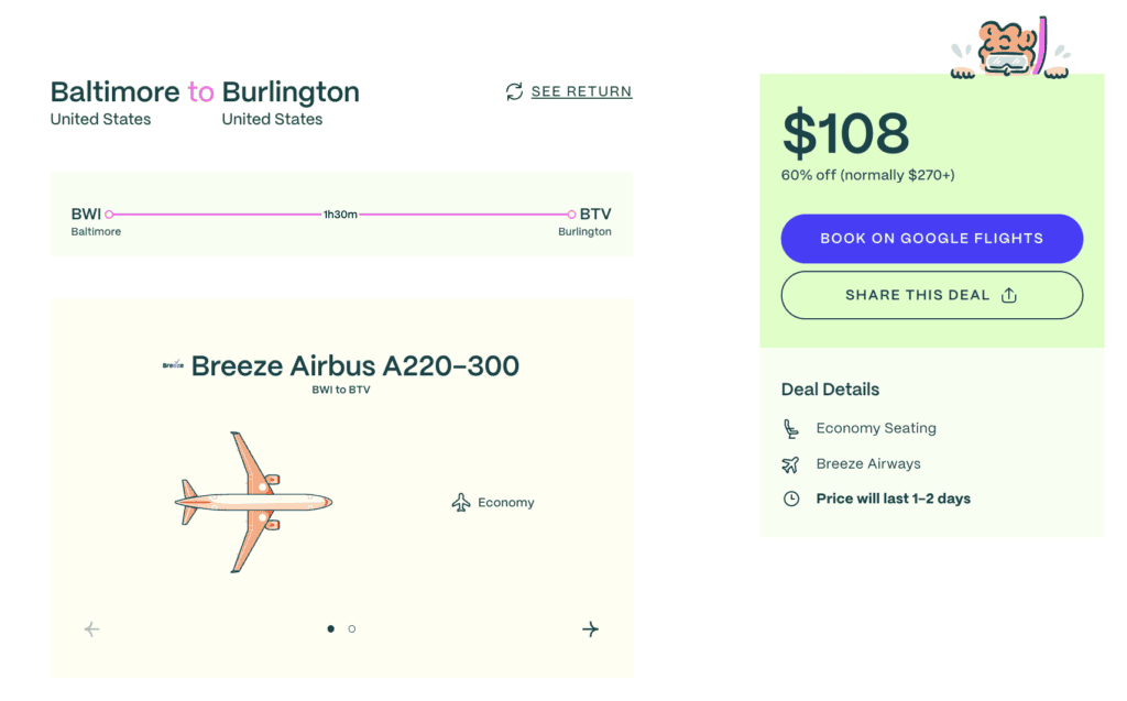 Going.com screenshot showing fall flight deal from Baltimore to Burlington