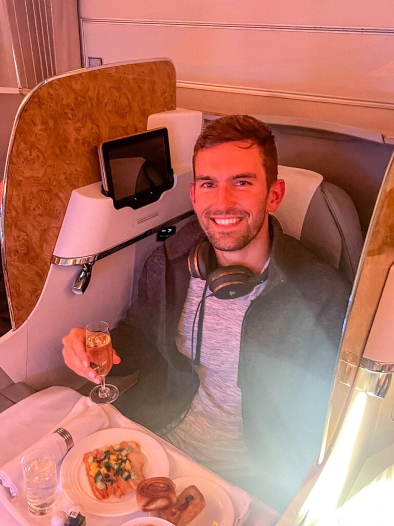 My photo of me flying Emirates business class from Bali to Dubai