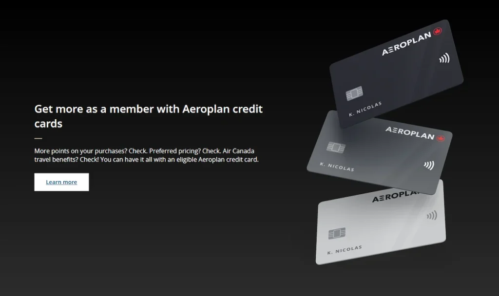 Air Canada Aeroplan credit cards displayed on a website marketing page