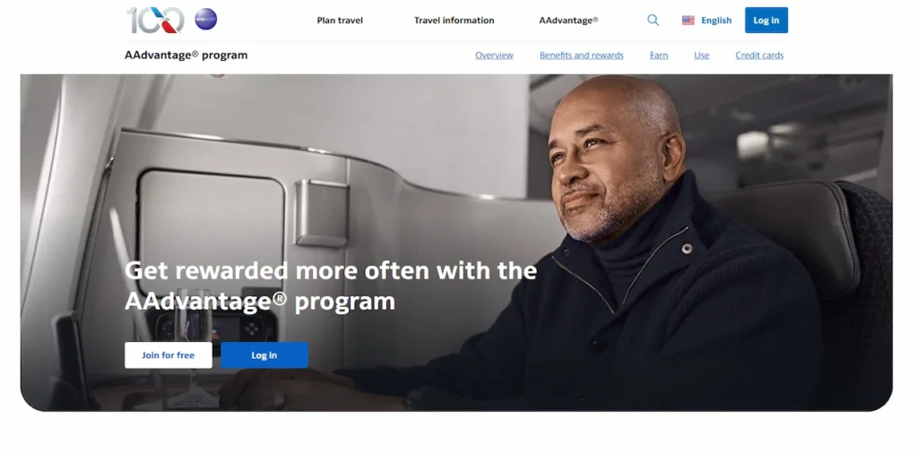 American Airlines website banner showing a man in a business class suite