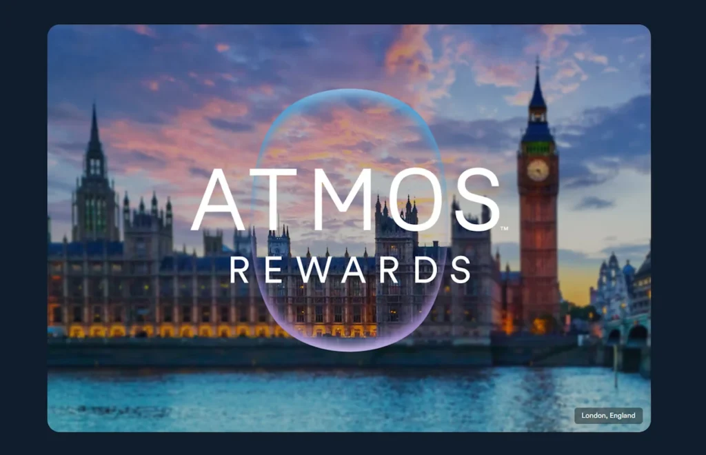 Atmos Rewards promotional banner featuring the Palace of Westminster and Big Ben in London under a sunset sky