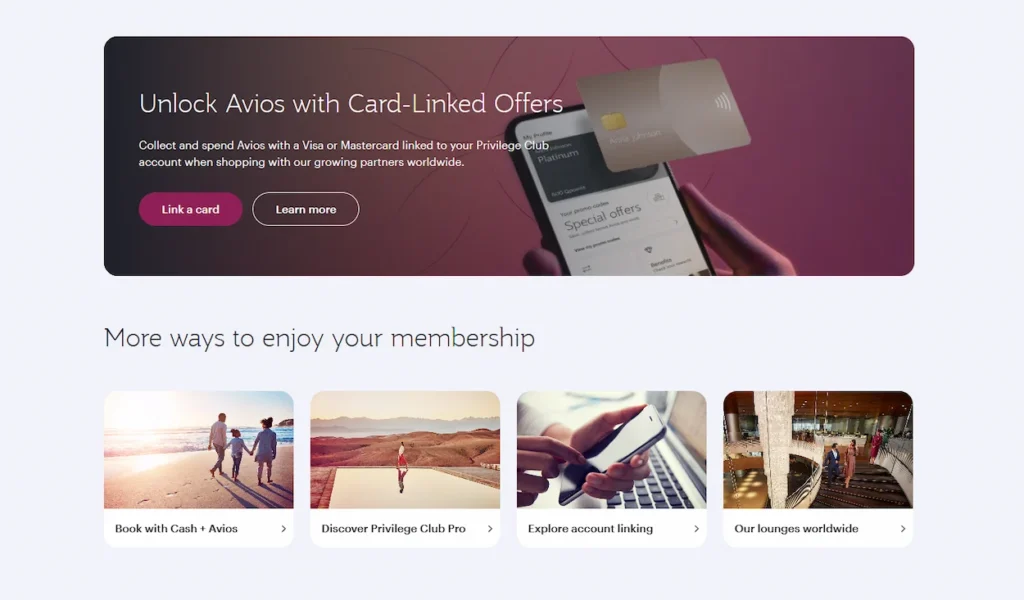 Qatar Airways Privilege Club website page showing promotional travel rewards and card linking features