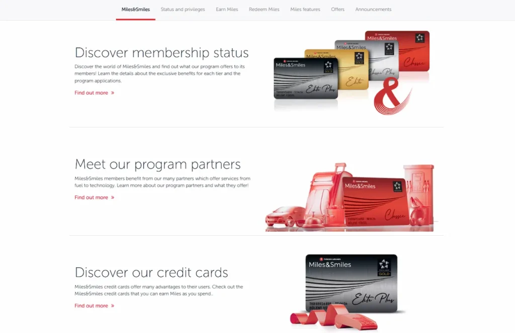 Turkish Airlines Miles&Smiles membership status and credit card choices displayed on a website page