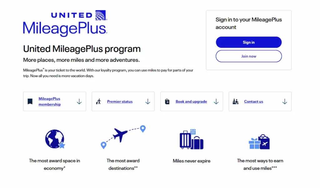 United Airlines MileagePlus sign-in webpage featuring account options and travel icons