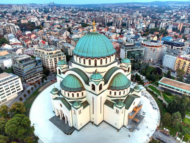 The majestic Temple of Saint Sava in Belgrade, Serbia, illuminated at night.