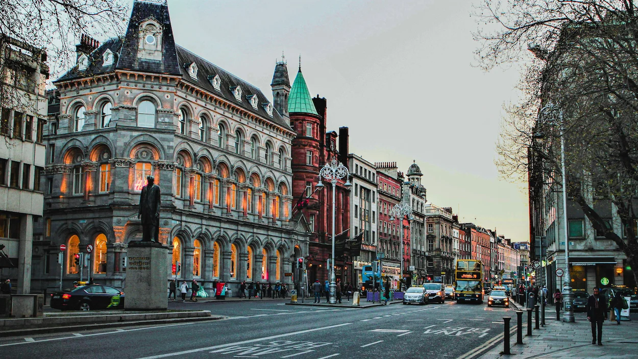 Neoclassical stone buildings on College Green in Dublin
