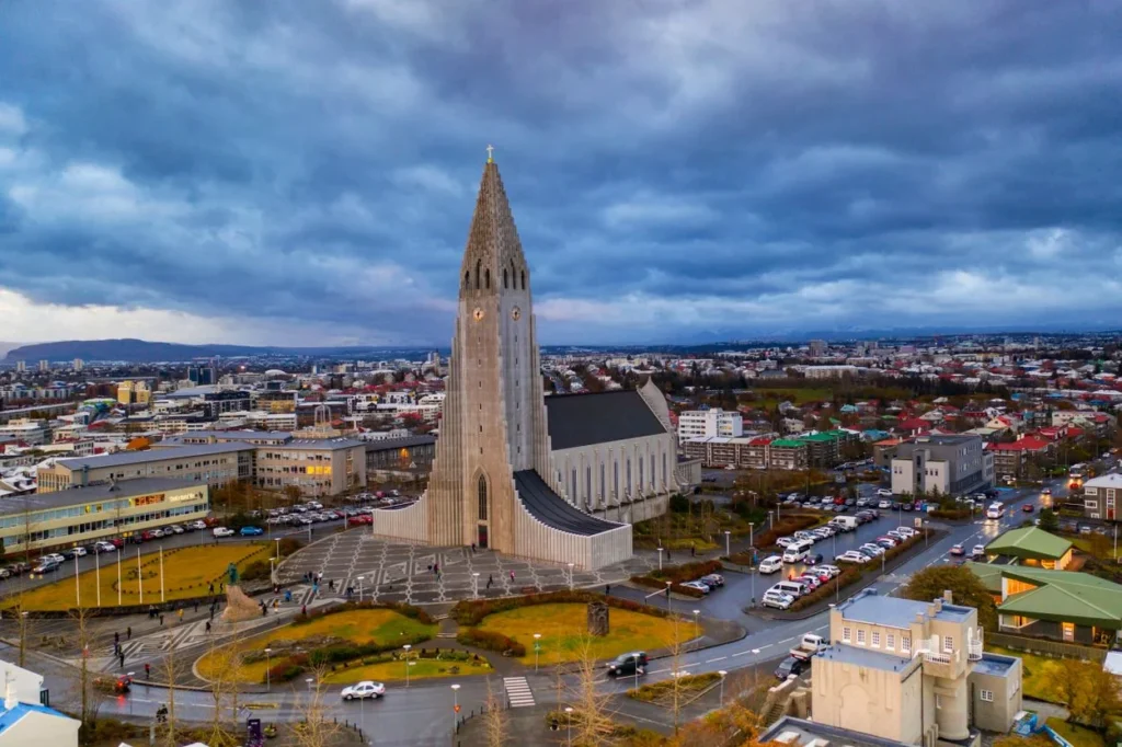 High-angle view of Hallgrimskirkja church and the surrounding cityscape in Reykjavik