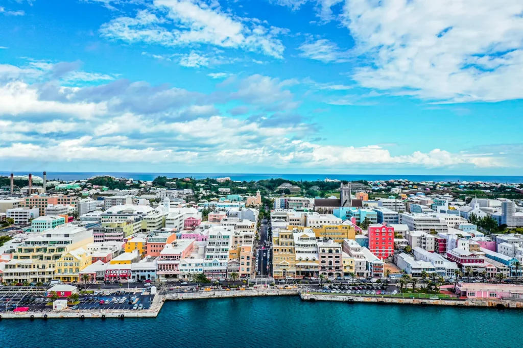 Aerial view of the colorful waterfront city skyline of Hamilton in Bermuda