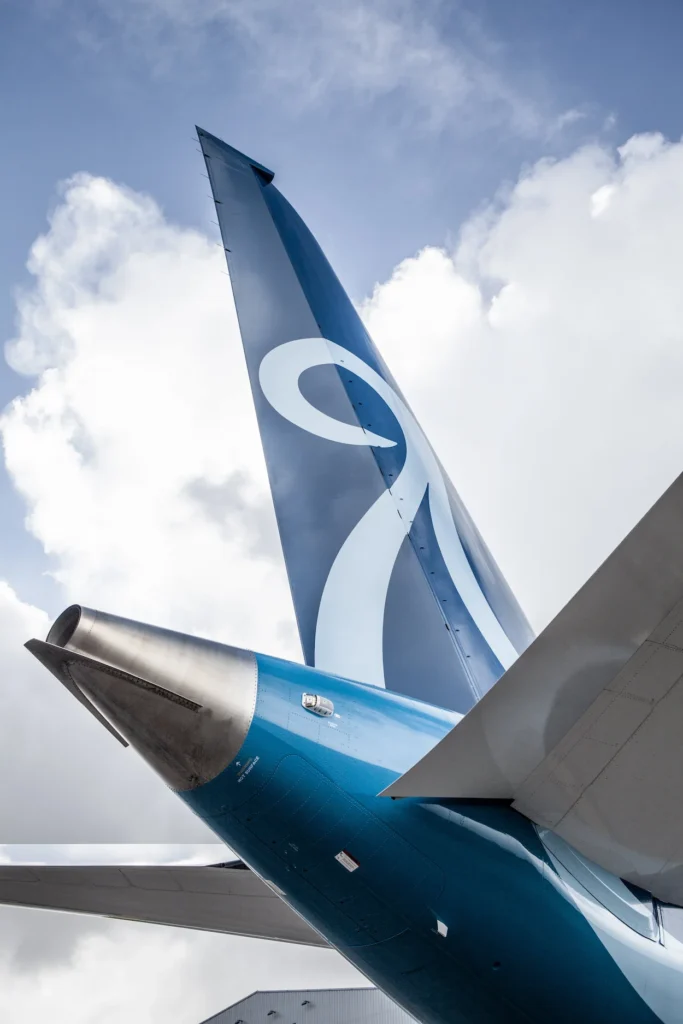 Close-up view of the blue and white tail fin and tail cone of a Norse Atlantic Airways Boeing 787 aircraft