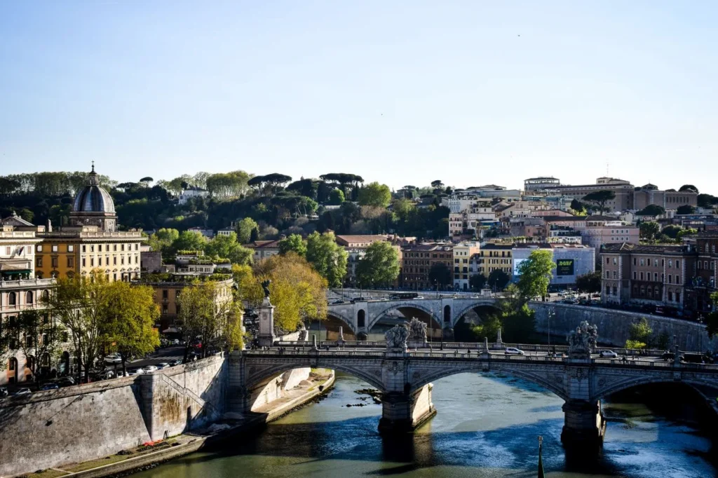 High-angle view of the Vittorio Emanuele II Bridge over the Tiber River in Rome