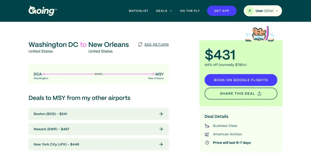 A business class flight from DC to New Orleans for $431 round-trip, found through Going.