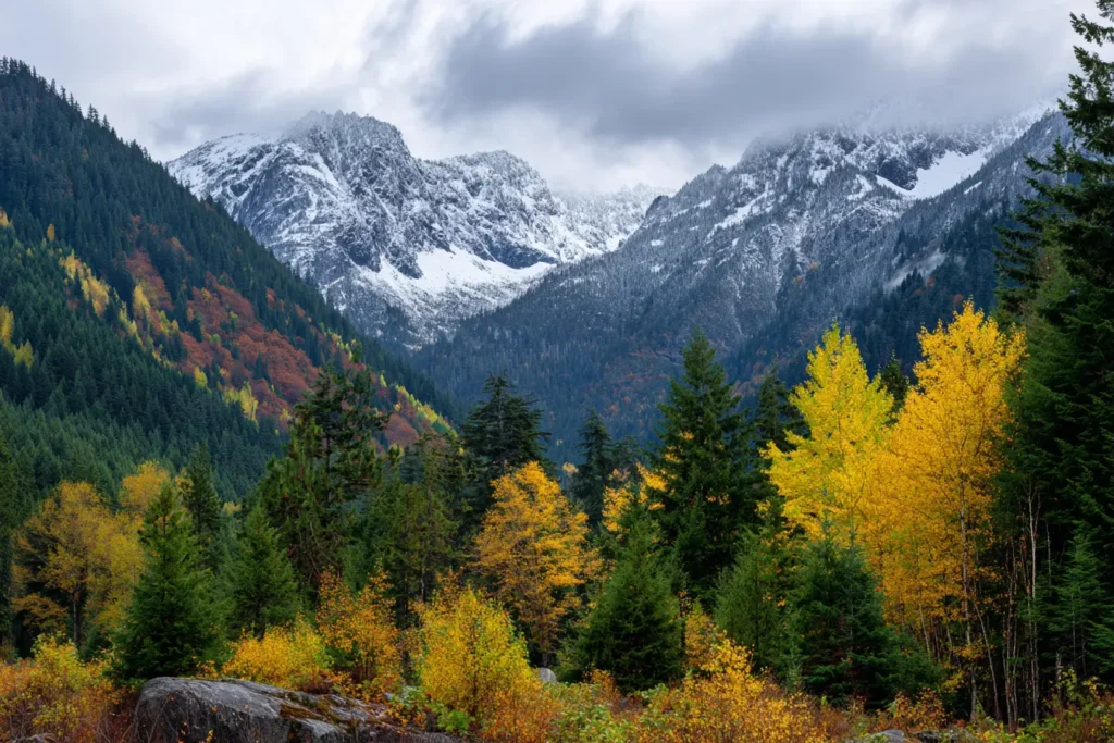 North Cascades National Park in autumn with snowy peaks