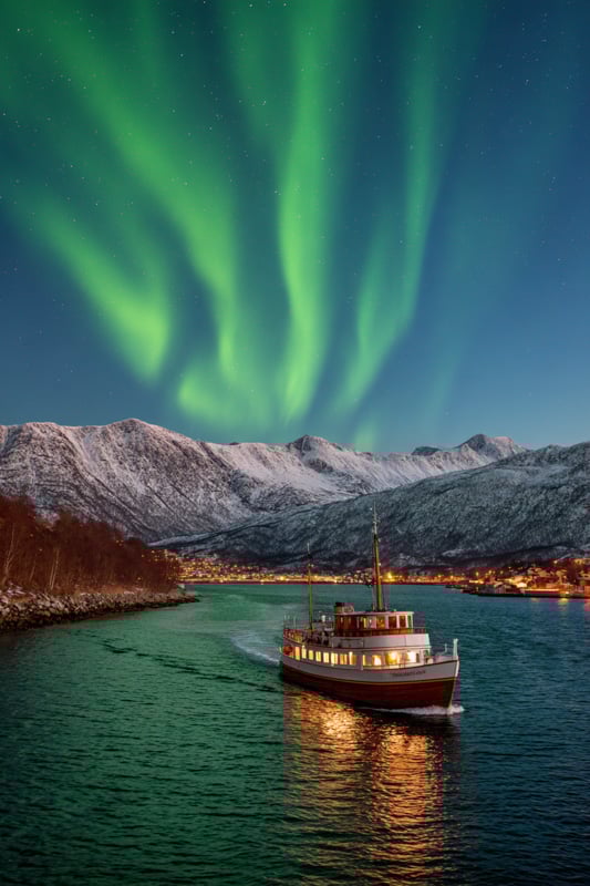 Norwegian fjords boat cruise with views of Aurora Borealis