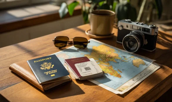 My photo of a passport and credit cards on a desk