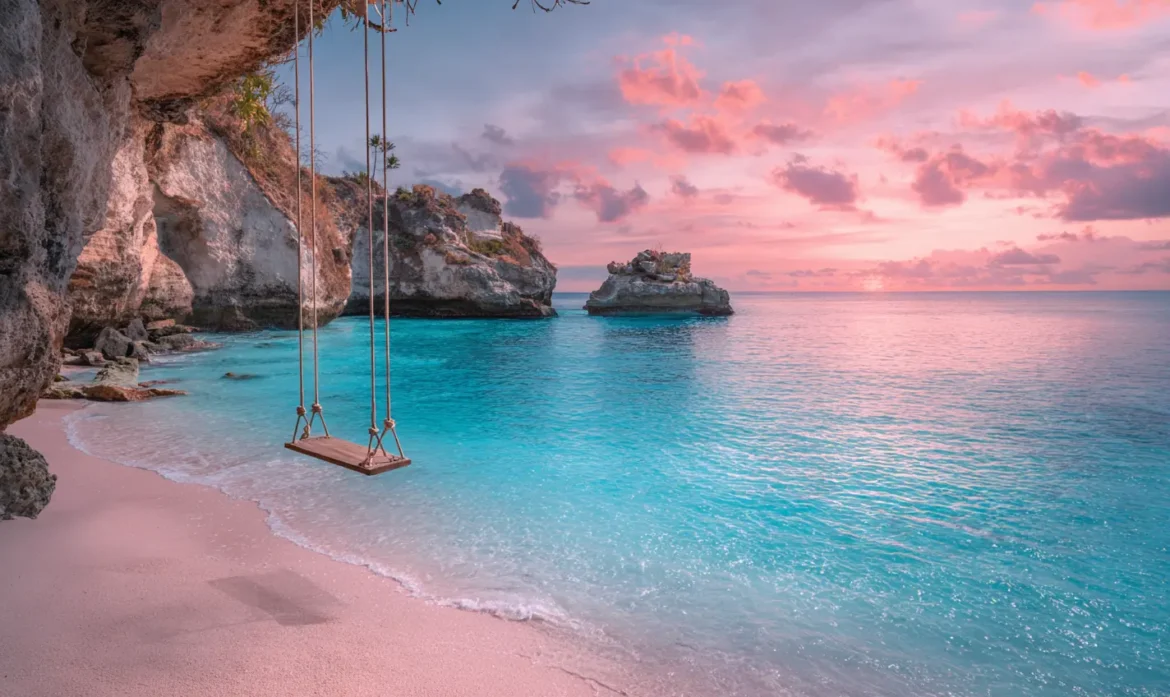 Flights to instagrammable places - rope swing over turquoise waters at sunset beach destination