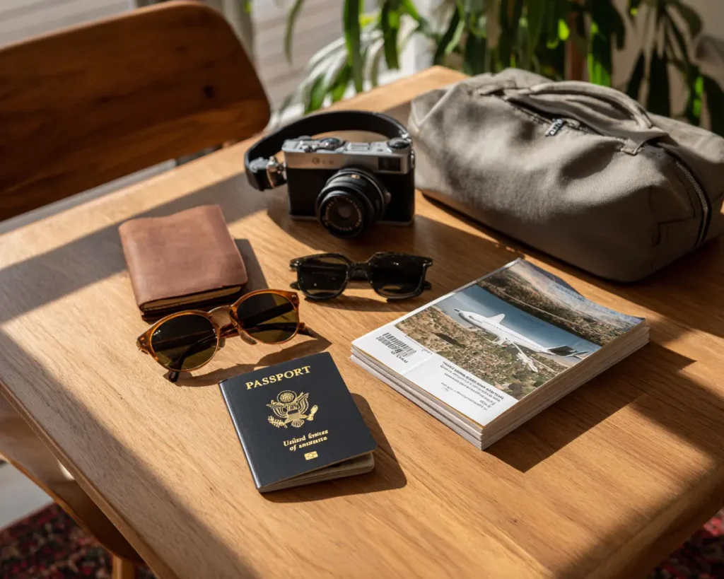 My photo of a passport and travel brochure on a desk at airport