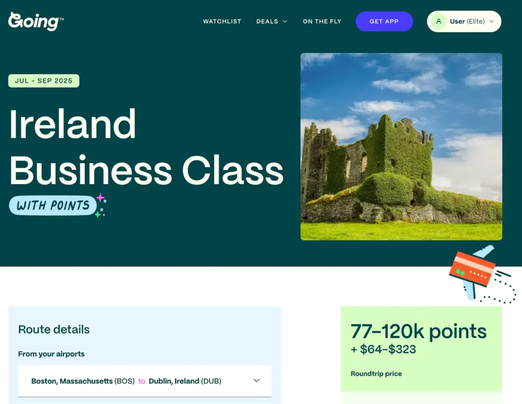 Going.com business class flight deal to Ireland showing Boston-Dublin flights for 77-120k points plus cash.