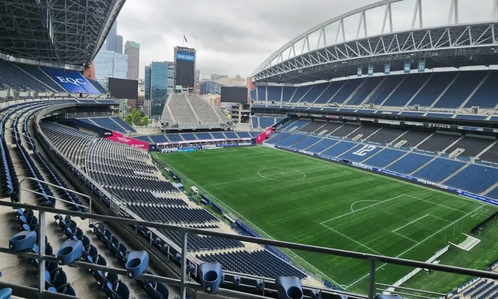 Lumen Field viewed from the stands on a cloudy day.