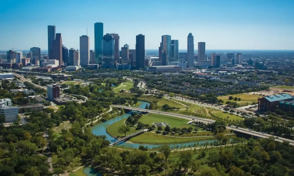 Aerial view of downtown Houston with parks and a winding river.