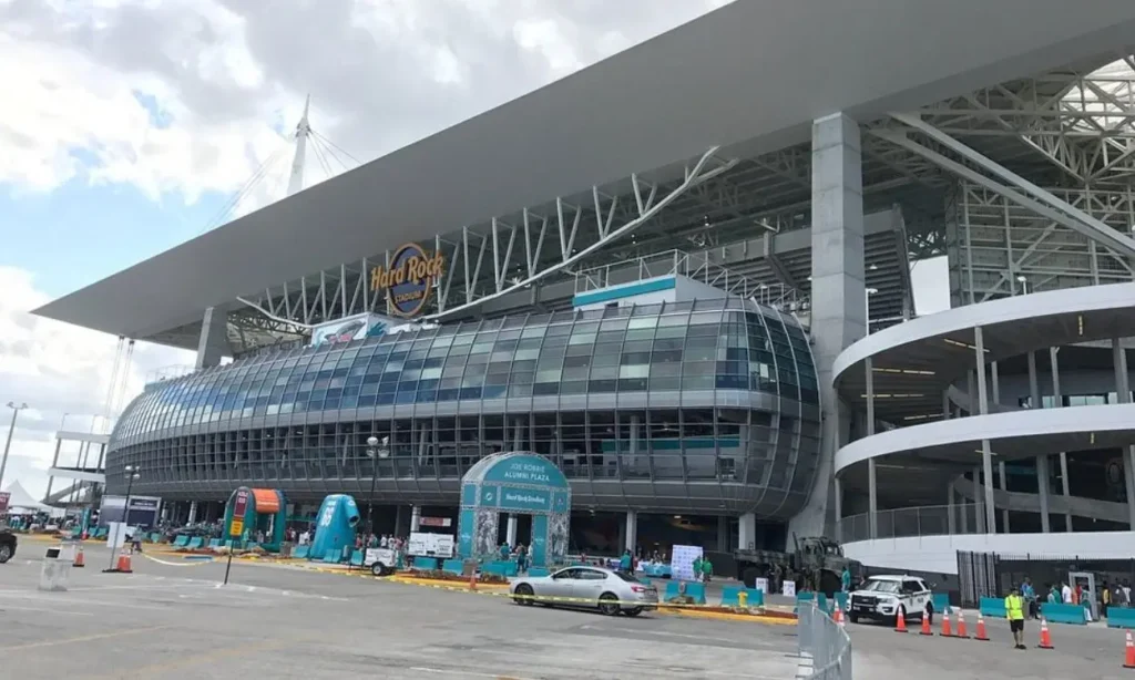 Hard Rock Stadium exterior with modern architecture and signage.