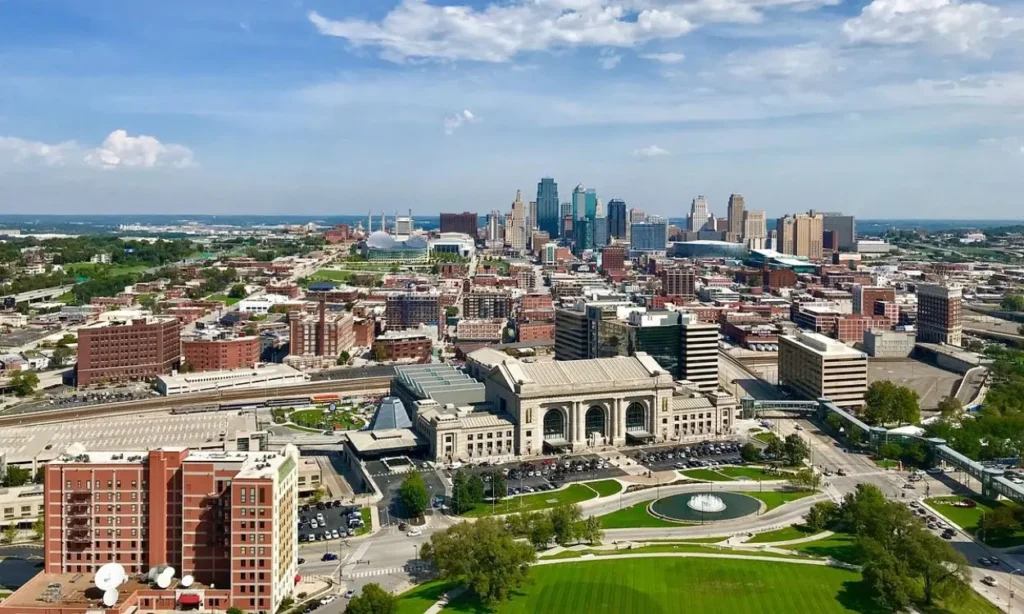Aerial cityscape of Kansas City with a mix of historic and modern buildings.