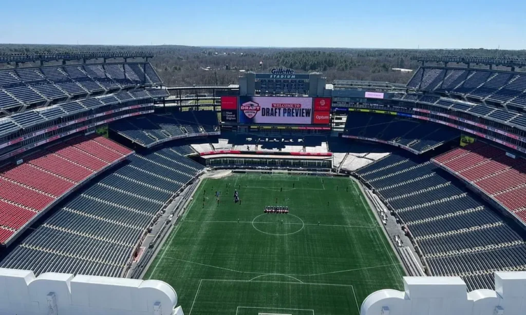 Gillette Stadium interior view showing the field and seating.