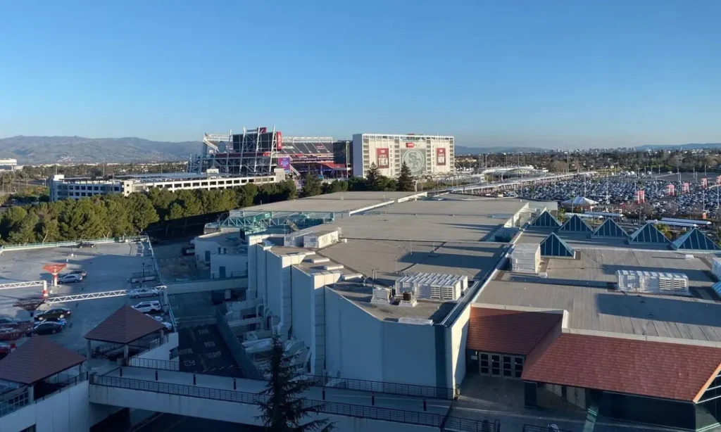 Aerial view of Santa Clara with Levi’s Stadium in the distance.