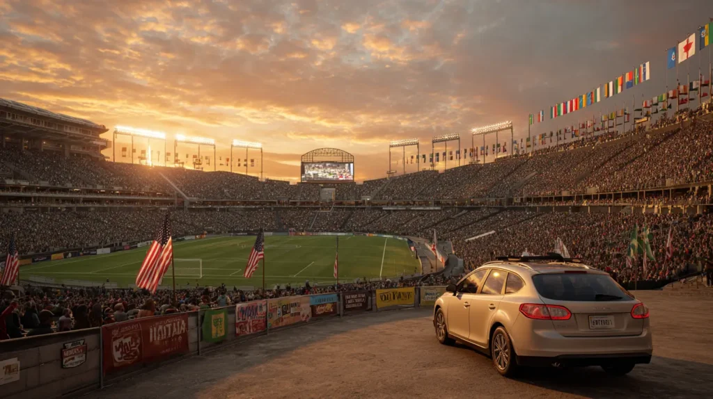 World Cup 2026 stadium in the US with a car