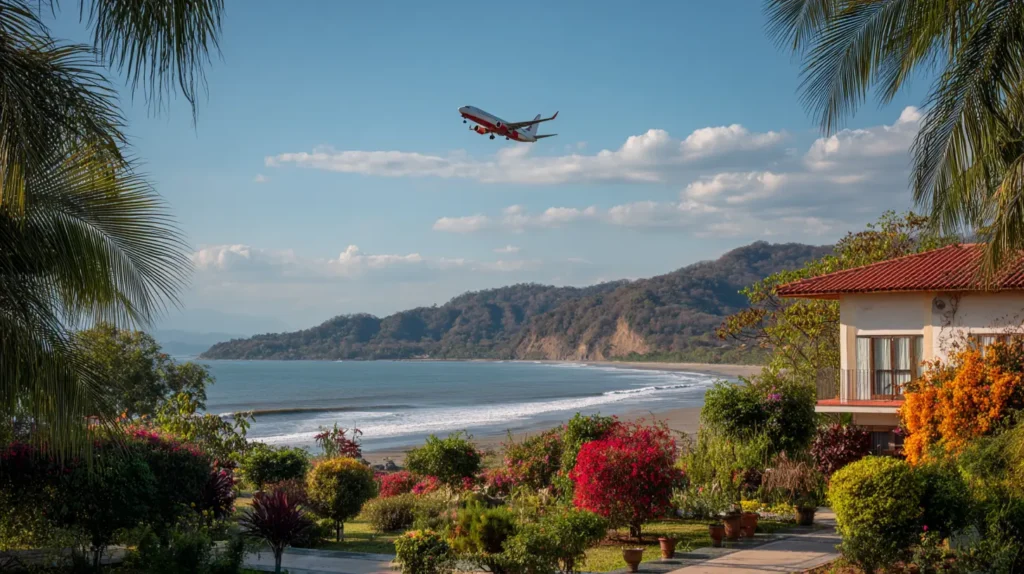 Airplane flying over tropical beach destination