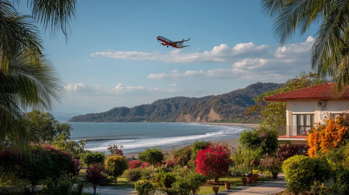 Airplane flying over tropical beach destination