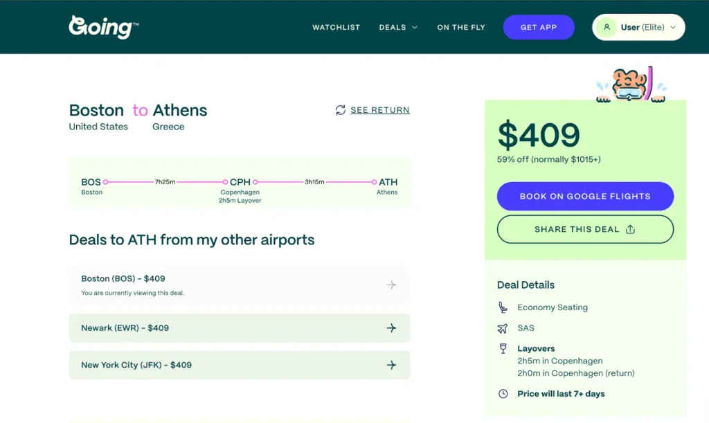 Going screenshot showing a Boston to Athens roundtrip fare for $409.
