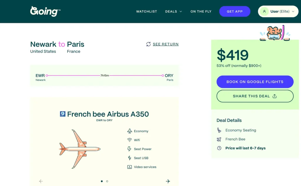 Going screenshot showing a Newark to Paris roundtrip flight for $419.