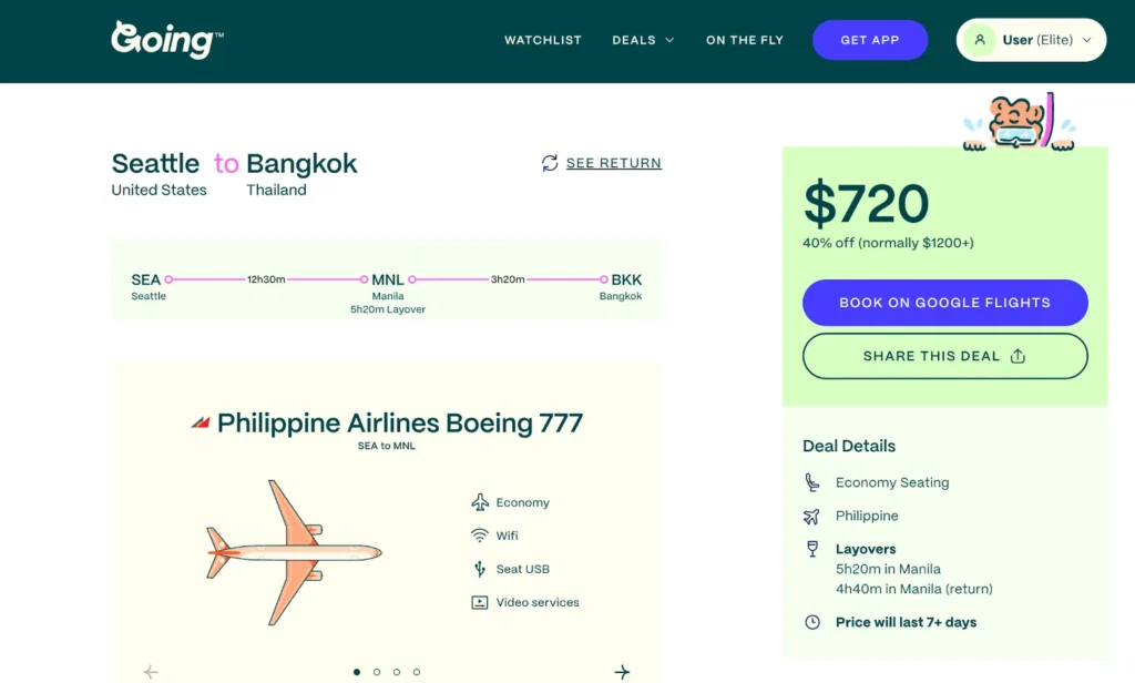 Going screenshot displaying a Seattle to Bangkok roundtrip fare for $720.