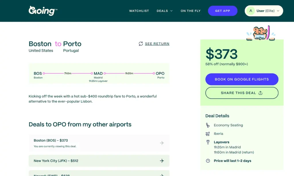 My flight deal alert showing $373 tickets from Boston to Porto.