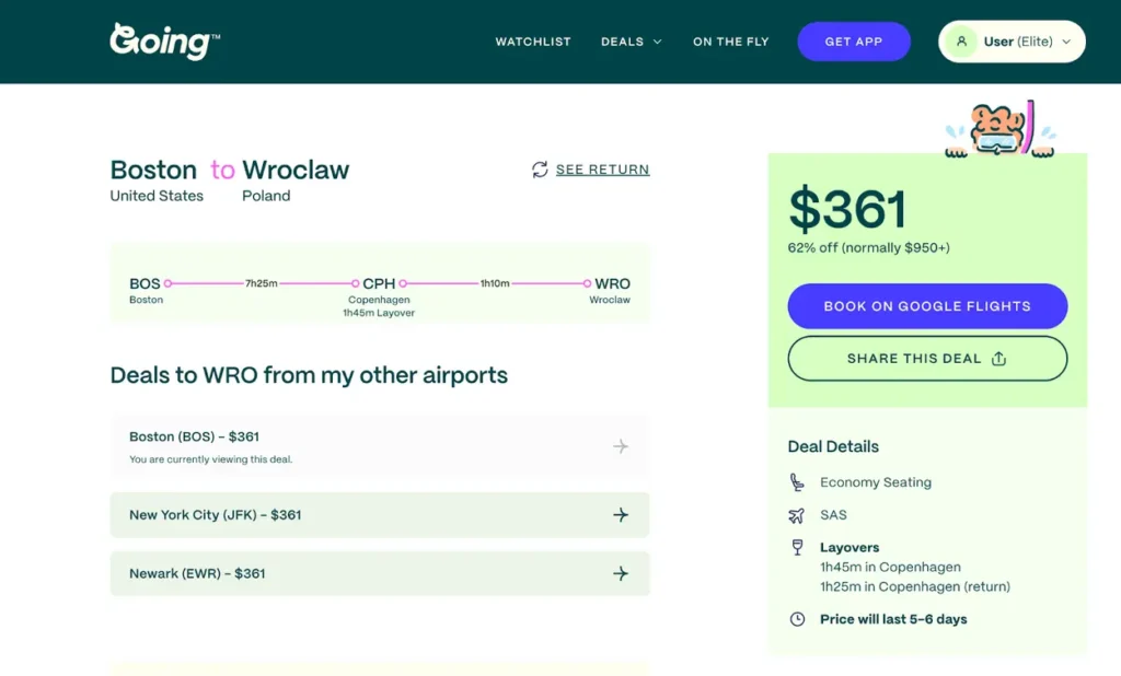 My deal alert showing $361 roundtrip tickets from Boston to Wroclaw