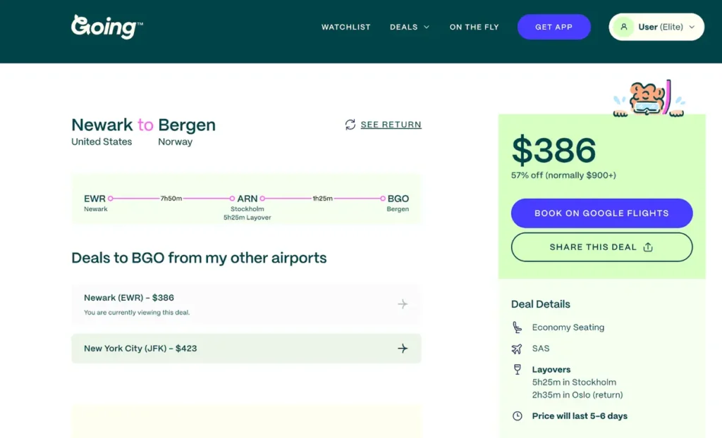 My Going deal alert showing $386 roundtrip flight from Newark to Bergen