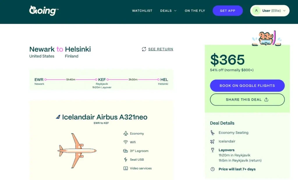 My Going deal alert showing a $365 roundtrip flight from Newark to Helsinki in 2026