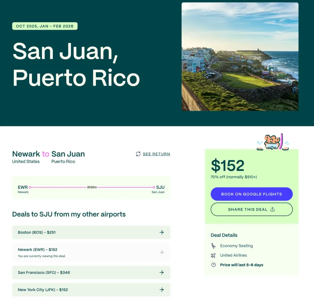 I found this last-minute flight deal for Spring Break 2026 to San Juan, Puerto Rico on Going. 