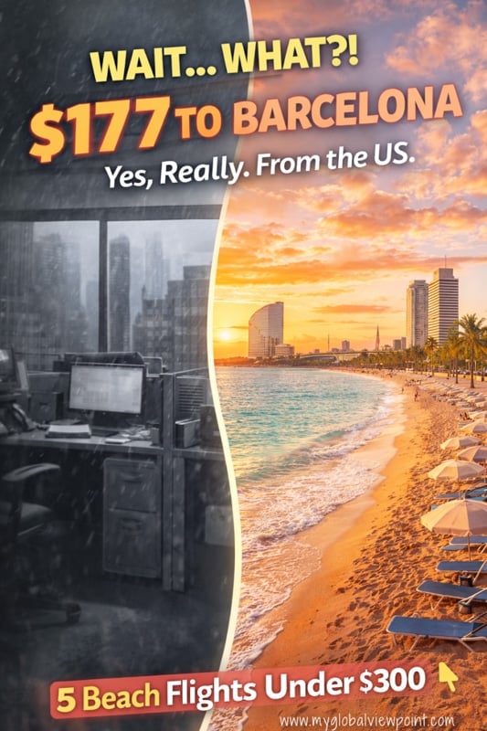 My photo of Barcelona and an office, with cheap beach flight overlay text