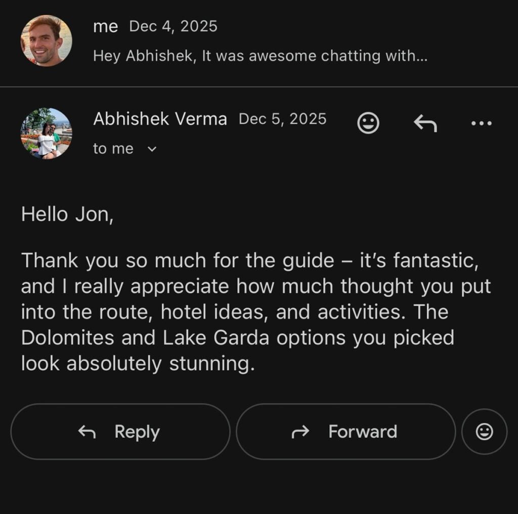 Testimonial from a reader planning a trip to the Dolomites and Lake Garda