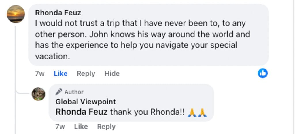 Recent testimonial from a reader named Rhonda, who recommended my guide to fellow travelers on Facebook