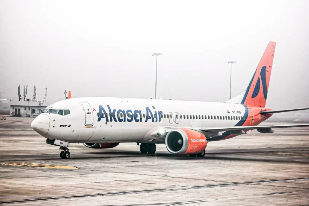 Akasa Air Boeing 737 MAX airplane parked on an airport tarmac