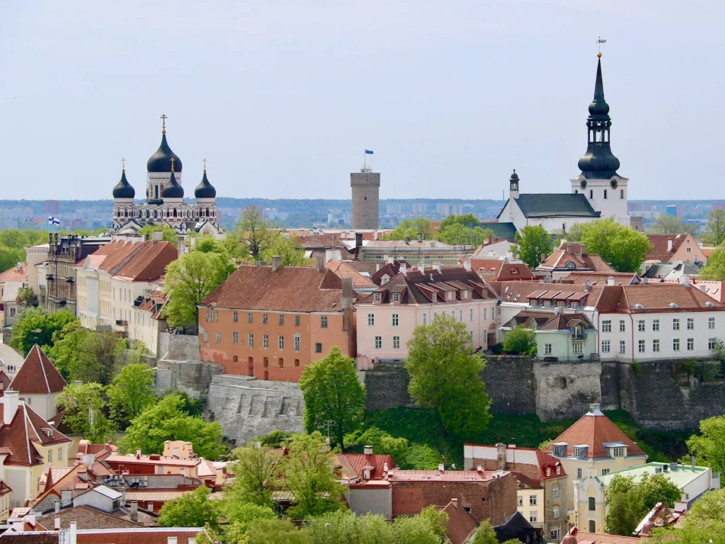 Skyline view of historic towers and churches in Tallinn Old Town