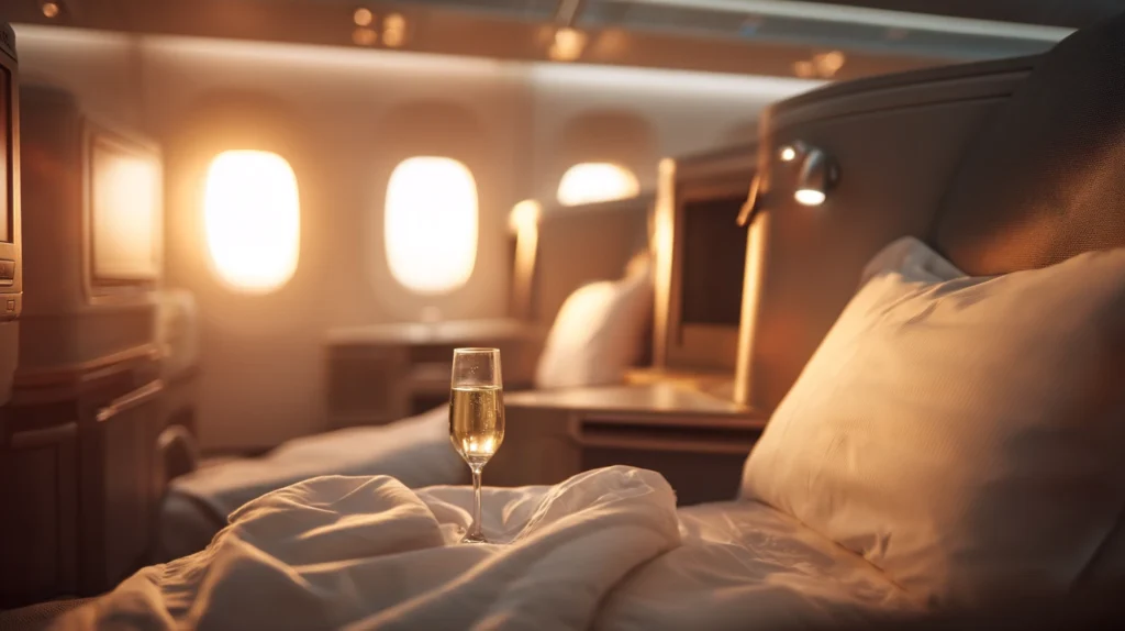 Business class lie-flat seat with champagne at golden hour on a long-haul flight, representing what a good business class deal looks like in 2026 and 2027