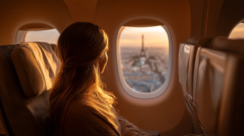 View through an airplane window descending into Paris at sunrise from a premium economy seat, showing when upgrading to premium economy to Europe is worth it