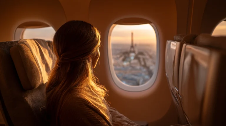 View through an airplane window descending into Paris at sunrise from a premium economy seat, showing when upgrading to premium economy to Europe is worth it
