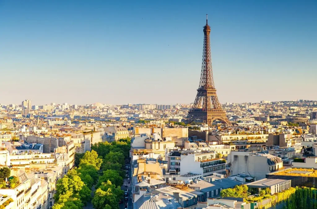 Golden hour over Paris featuring the iconic Eiffel Tower